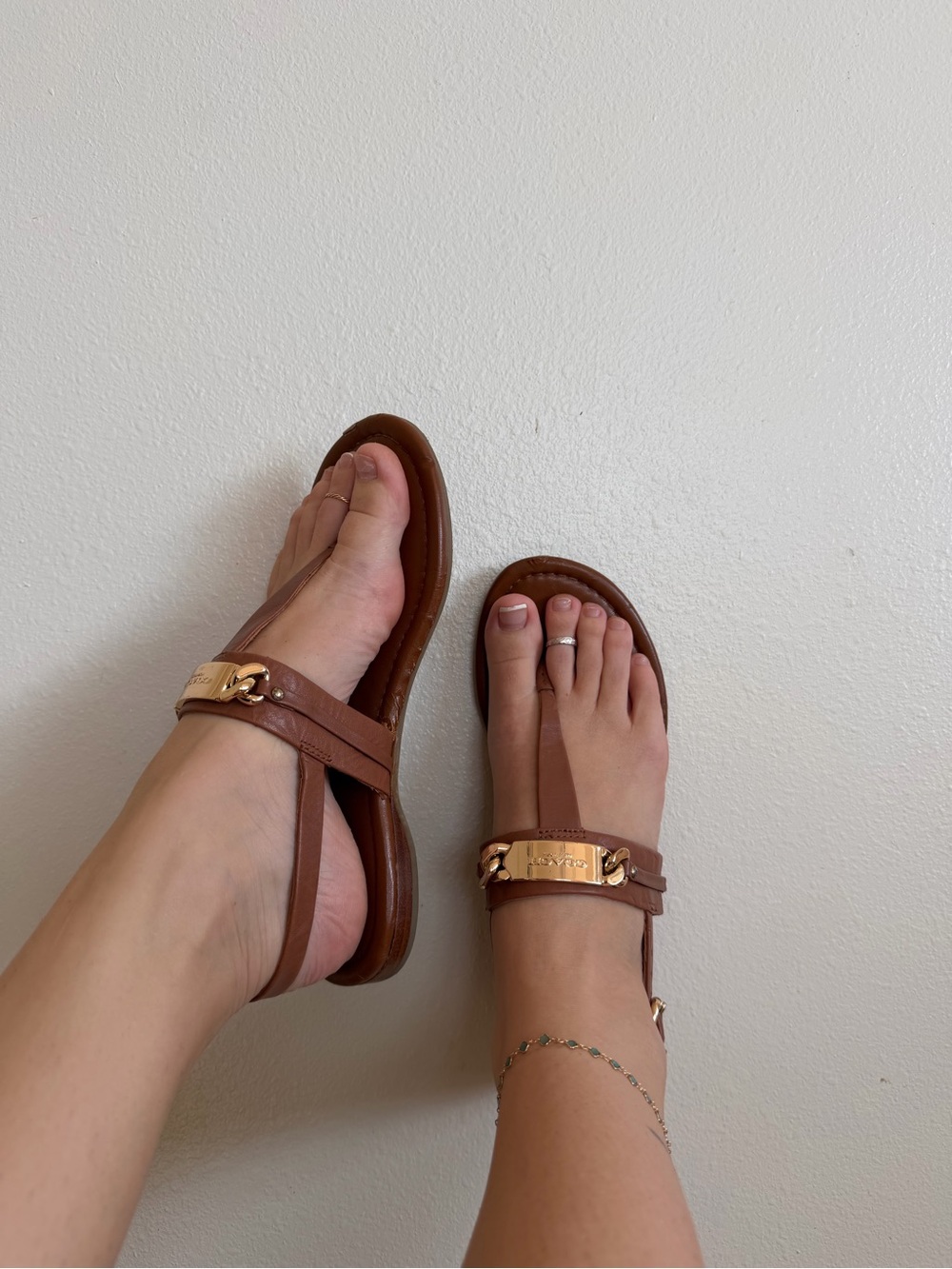 Brown Leather T-Strap Sandals with Gold Plate